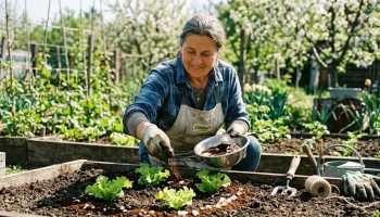 Kertész kávézaccot és tojáshéjat szór a salátapalánták köré védekezésként a meztelencsigák ellen egy napfényes áprilisi reggelen.