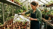 Kertész éppen alufóliát helyez a palánták köré egy üvegházban, hogy optimalizálja a napfényt.