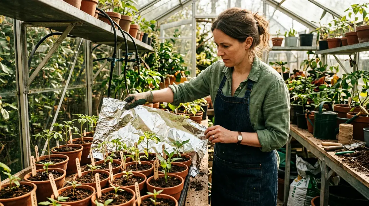 Kertész éppen alufóliát helyez a palánták köré egy üvegházban, hogy optimalizálja a napfényt.