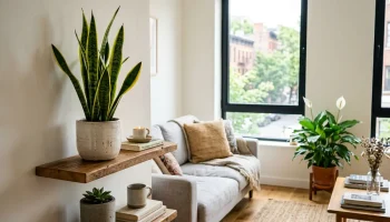 Modern kis lakás belső tere NASA-tesztelt légtisztító növényekkel, anyósnyelvvel és vitorlavirággal.