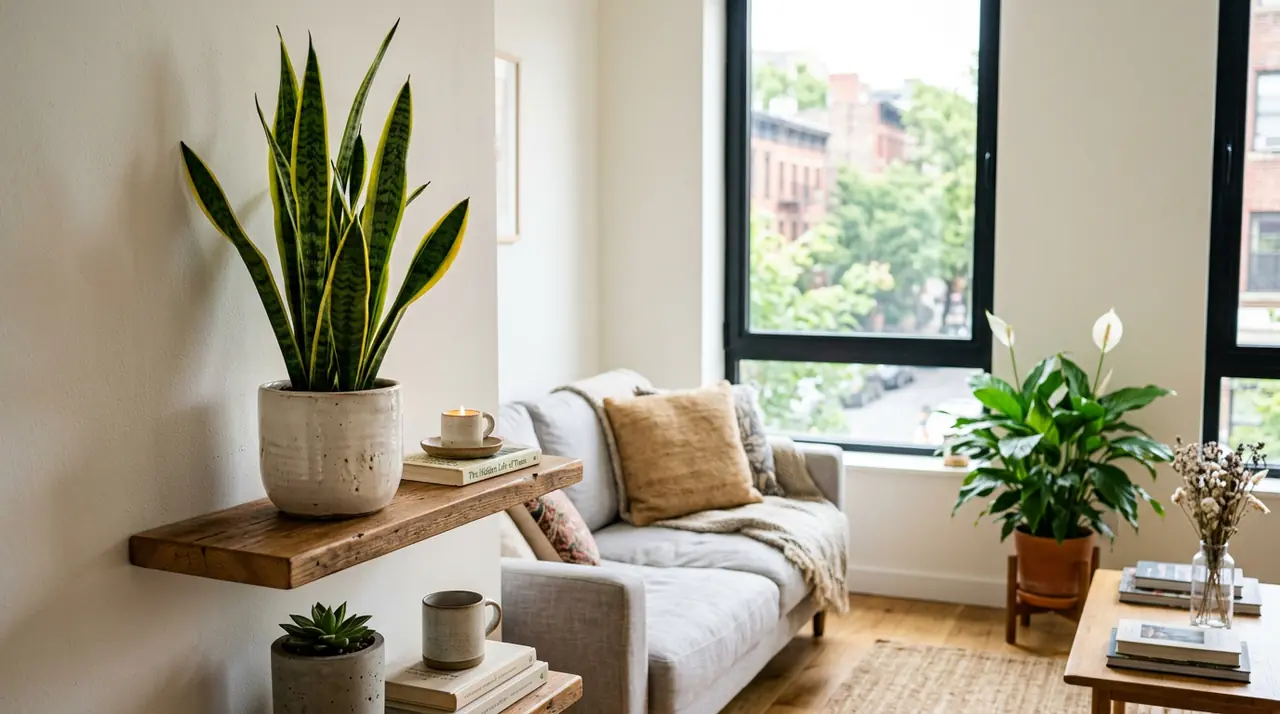 Modern kis lakás belső tere NASA-tesztelt légtisztító növényekkel, anyósnyelvvel és vitorlavirággal.