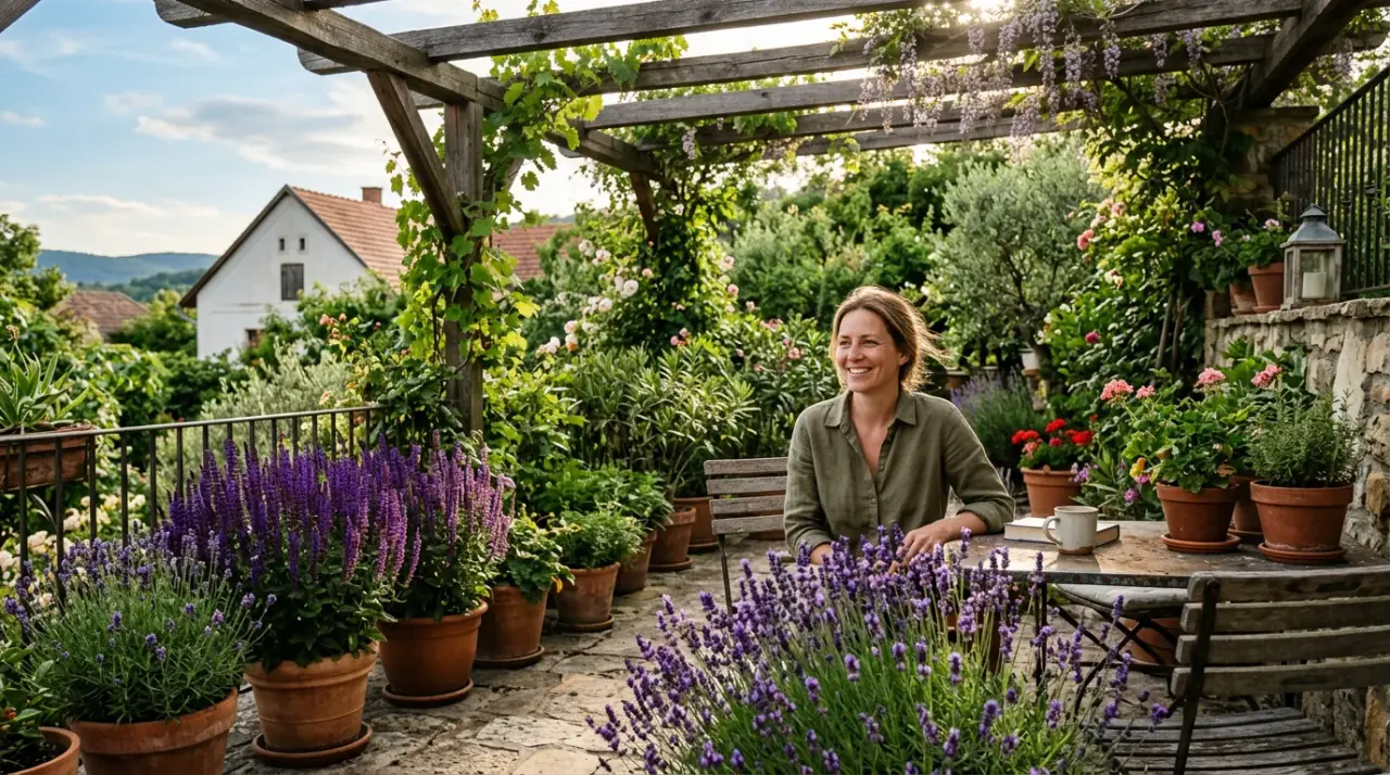 Lila levendula és zsálya cserépben egy napsütötte magyarországi teraszon.