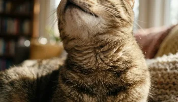 Közeli felvétel egy macska torkáról, ahogy a dorombolás közben vibrál a szőre és az izmai.