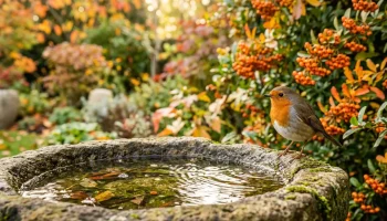 Egy vörösbegy iszik a kerti kőitató széléről a reggeli napsütésben, háttérben színes őszi bokrokkal.