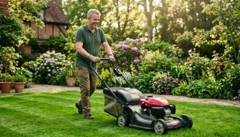 Egy férfi fűnyíróval dolgozik egy gyönyörű, sűrű zöld gyepen a reggeli napsütésben, bemutatva az ideális májusi fűápolást.