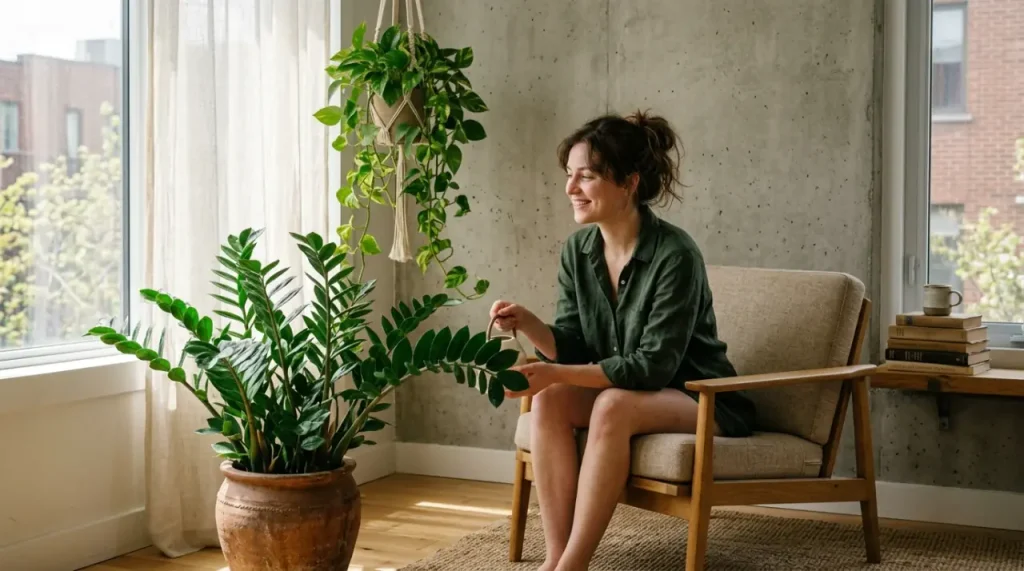 Modern kislakás belső tere dús zöld szobanövényekkel és tavaszi fénnyel