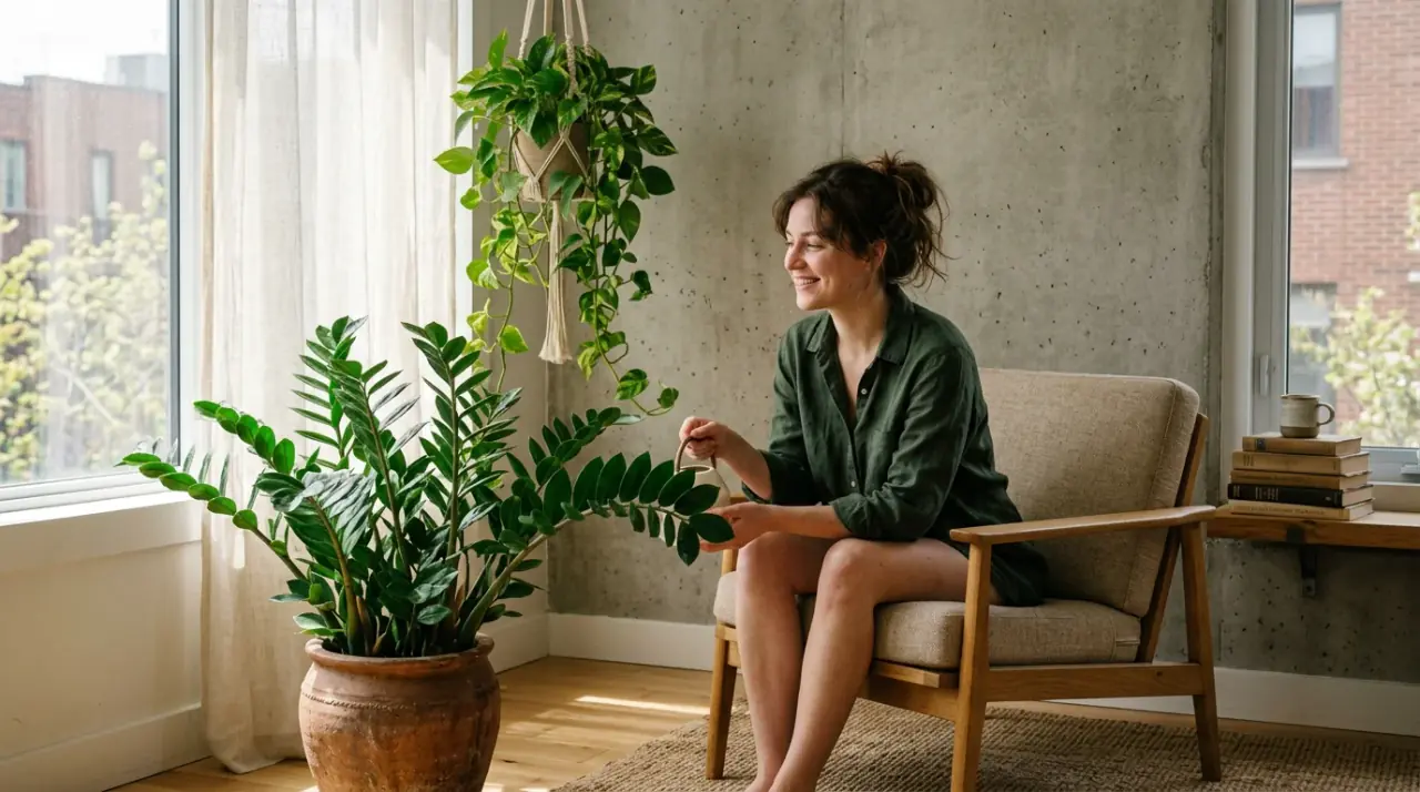 Modern kislakás belső tere dús zöld szobanövényekkel és tavaszi fénnyel