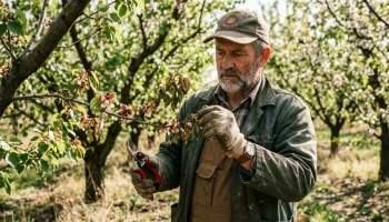 Kertész metszőollóval kezeli a moníliával fertőzött kajszibarackfát egy napfényes gyümölcsösben.