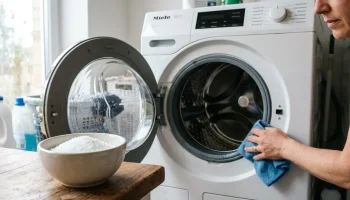 Mosógép gumitömítésének tisztítása fehér citromsav porral és mikroszálas kendővel