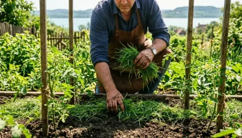 Kertész friss fűnyesedékkel mulcsozza a kerti növényeket a Balaton-parti kertben