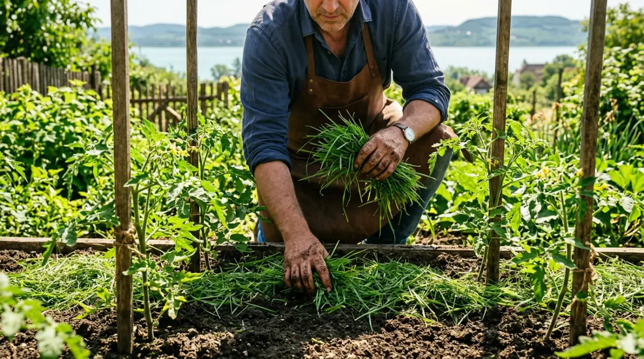 Kertész friss fűnyesedékkel mulcsozza a kerti növényeket a Balaton-parti kertben