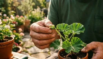 Egy kertész keze gondosan ellenőrzi a muskátli bimbóit a napsütötte teraszon.