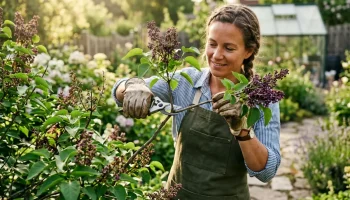 Kertész éppen metszőollóval vágja az elnyílt orgonavirágot egy napfényes kertben