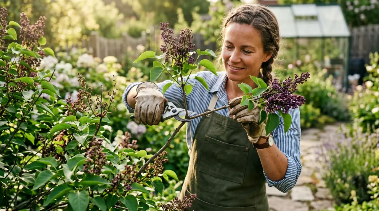 Kertész éppen metszőollóval vágja az elnyílt orgonavirágot egy napfényes kertben