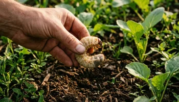 Egy óriási fehér pajor egy kertész kezében, a háttérben kerti földdel és növényekkel.