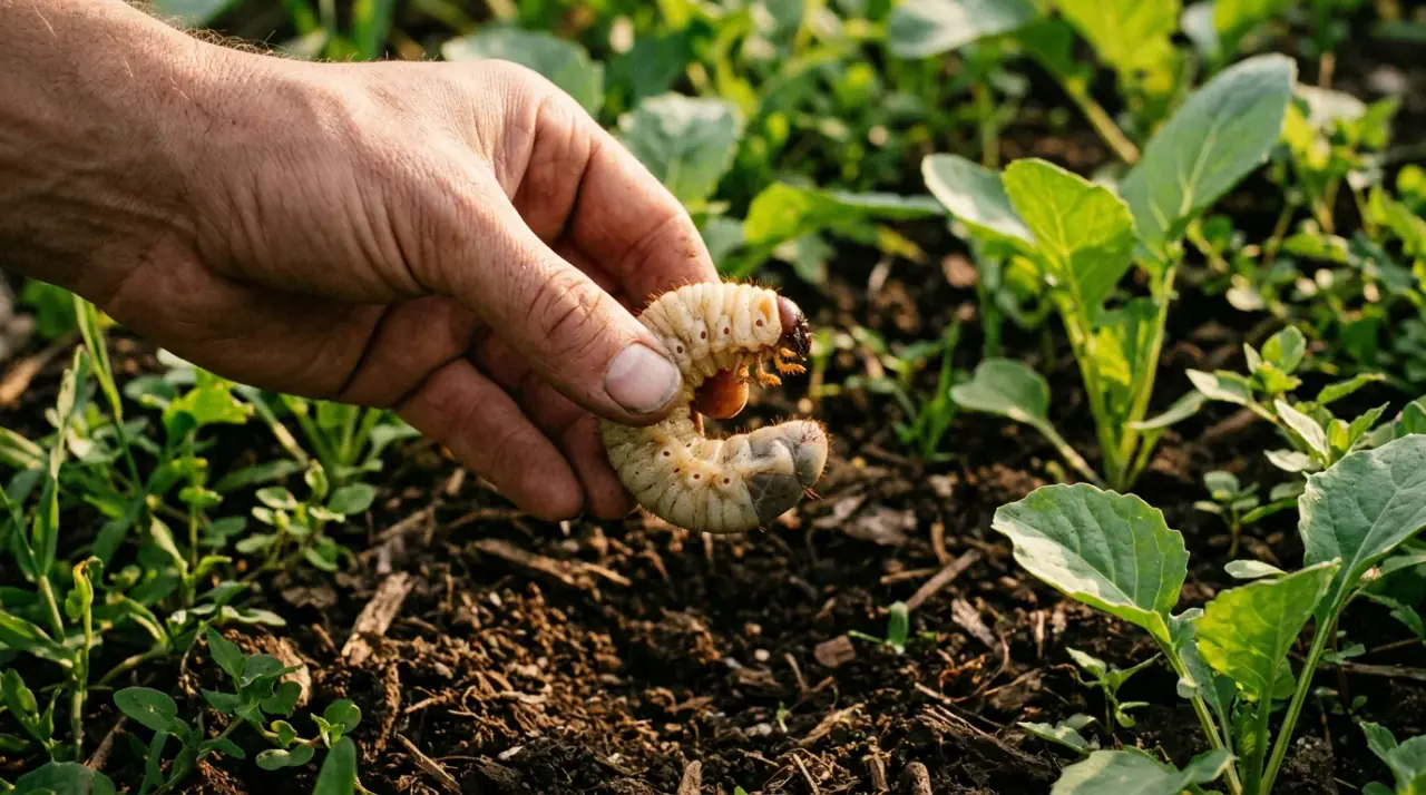 Egy óriási fehér pajor egy kertész kezében, a háttérben kerti földdel és növényekkel.