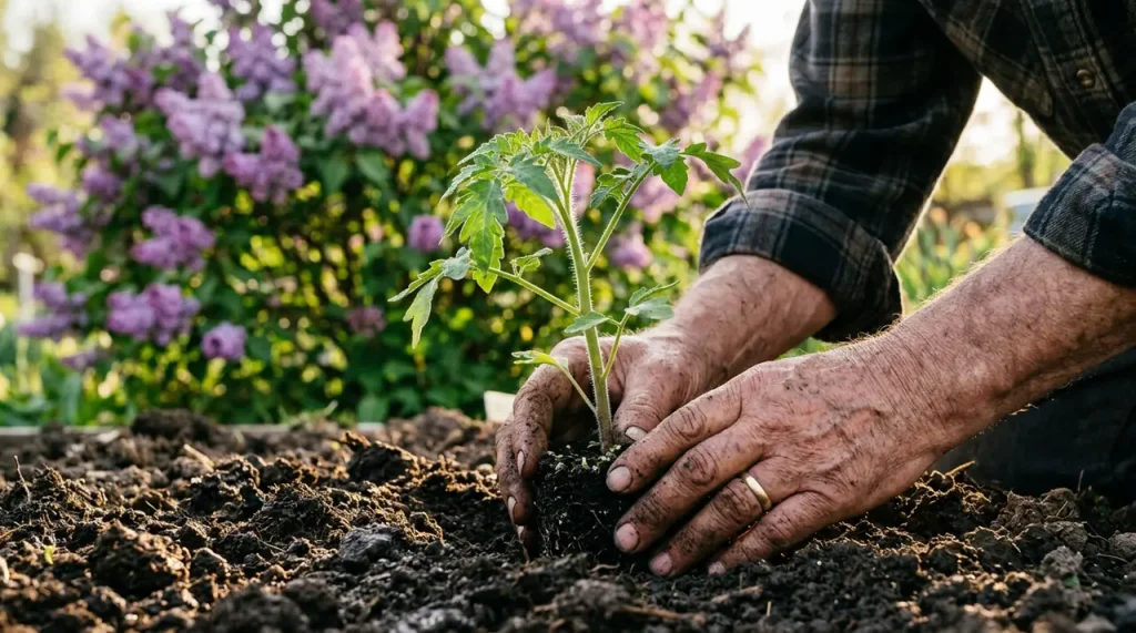 Mélyen elültetett paradicsompalánta sötét, humuszos földben, háttérben virágzó orgonabokorral.