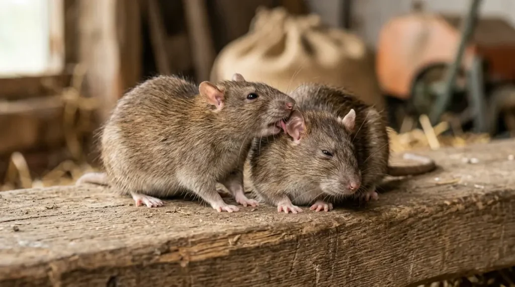 Két barna patkány szociális interakciója és tisztogatása közeli felvételen, természetes környezetben.