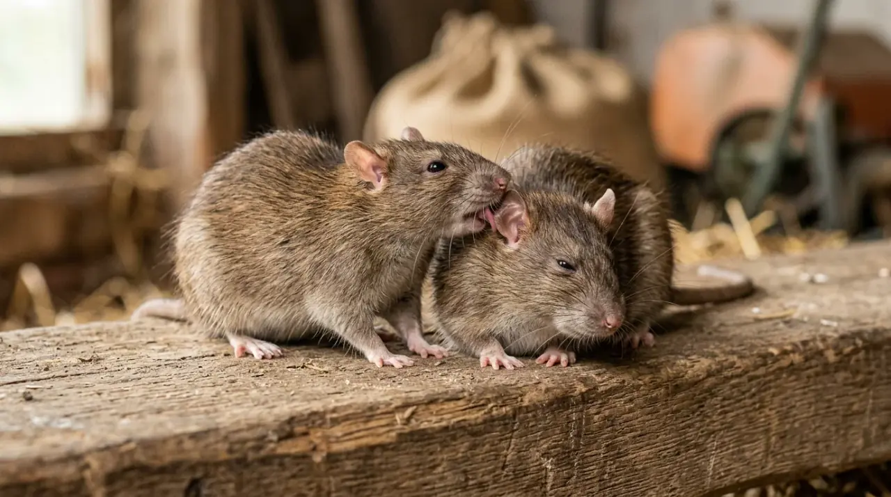 Két barna patkány szociális interakciója és tisztogatása közeli felvételen, természetes környezetben.