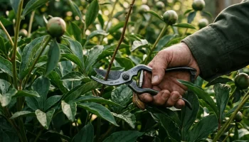 Kertész keze metszőollóval a pünkösdi rózsa bokor belsejében, a gyenge hajtások eltávolítása közben a szellőzés javítása érdekében.