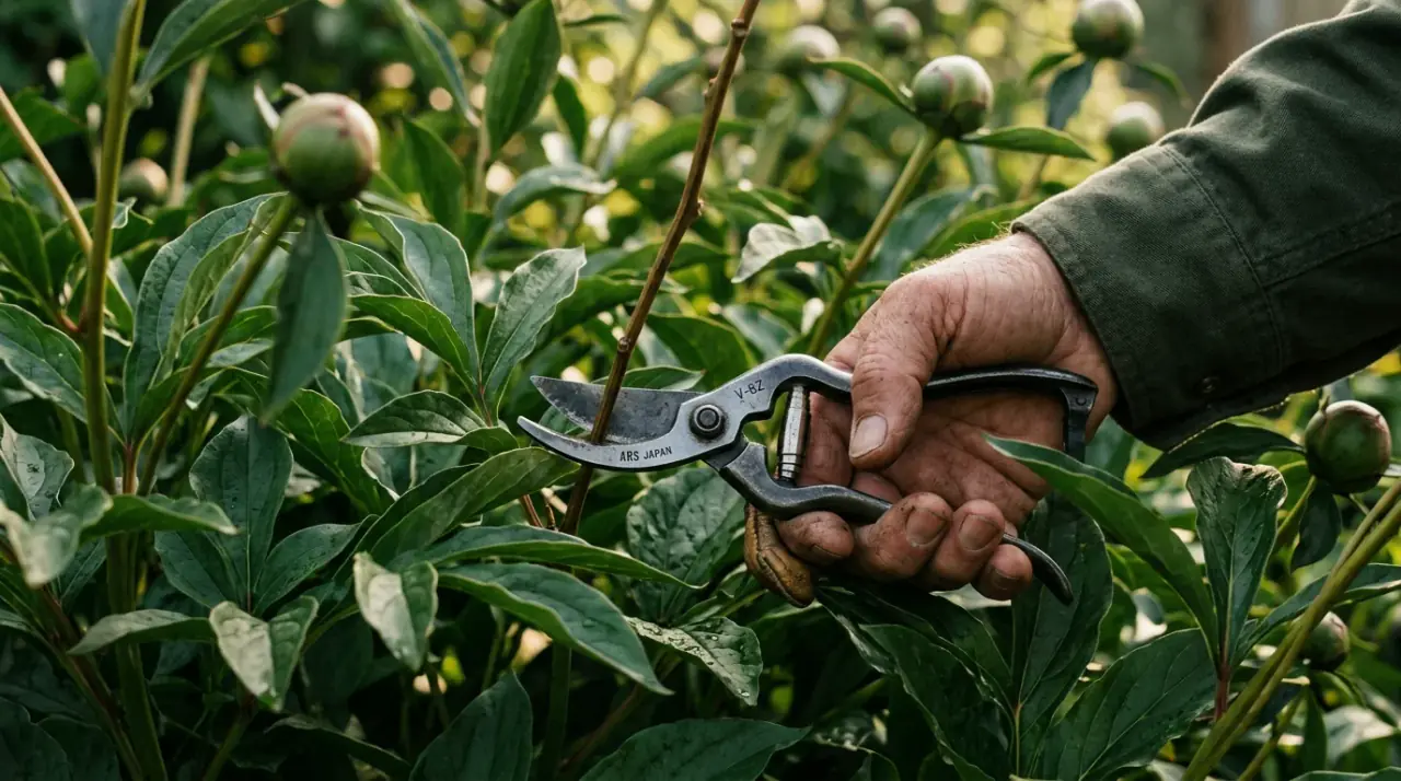 Kertész keze metszőollóval a pünkösdi rózsa bokor belsejében, a gyenge hajtások eltávolítása közben a szellőzés javítása érdekében.
