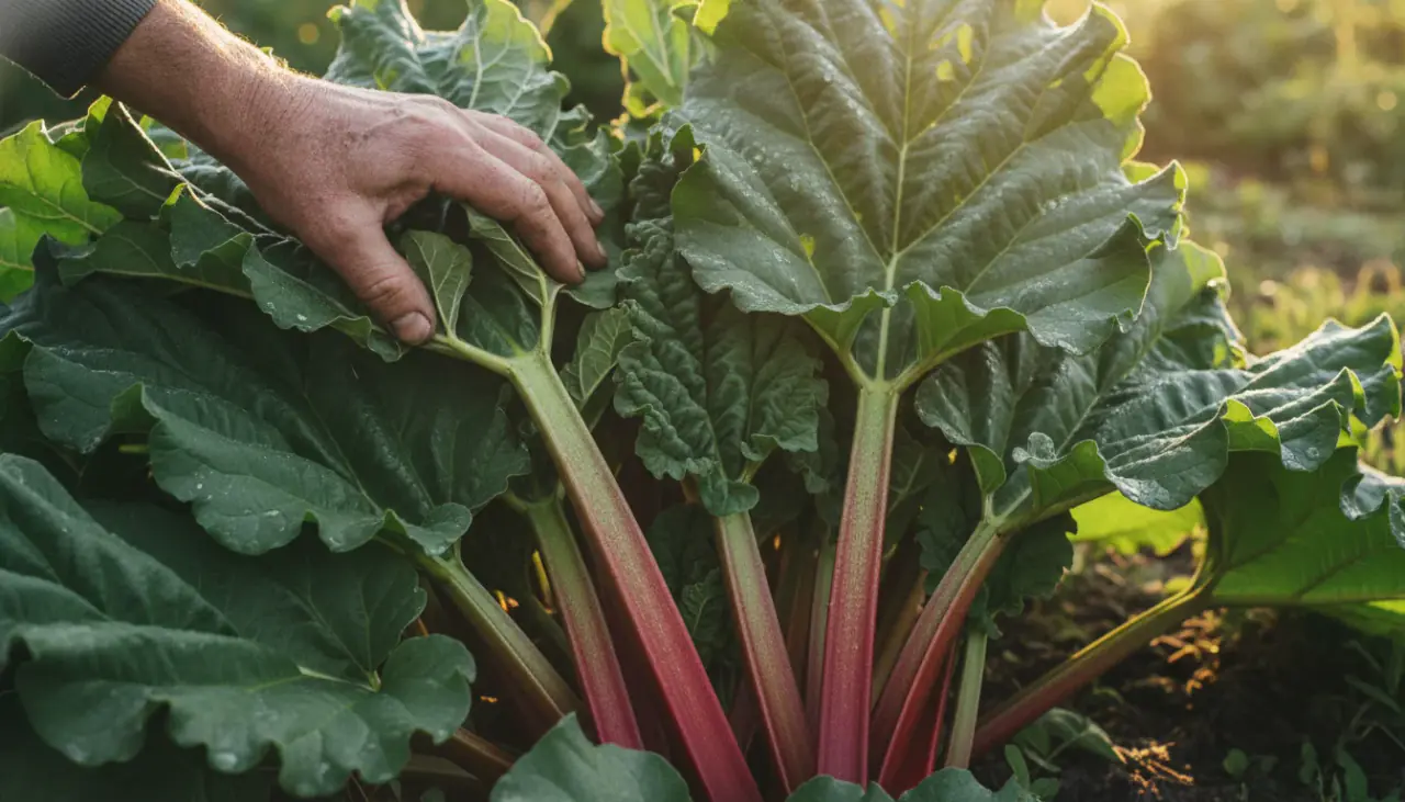 Kertész keze hatalmas, piros rebarbora szárakat mutat a zöld levelek között, napfényes kertben.
