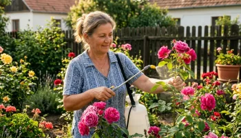 Egy kertész nő természetes szódabikarbónás oldattal permetezi a rózsabokrokat a reggeli napsütésben.