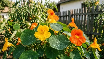 Sarkantyúka virágok és levelek egy napfényes konyhakertben, vízcseppekkel a leveleken.