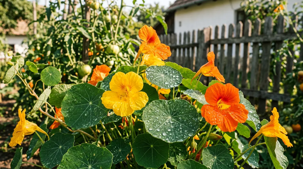Sarkantyúka virágok és levelek egy napfényes konyhakertben, vízcseppekkel a leveleken.