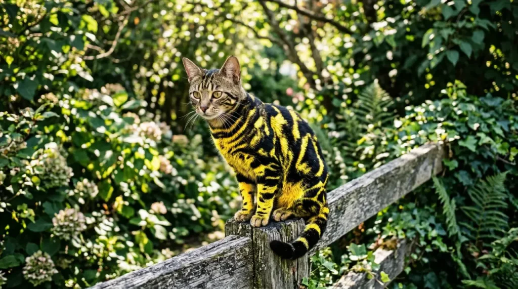 Egy sárga-fekete kígyómintás macska ül egy kerítésen, ami a Serpens catus álhírt illusztrálja.