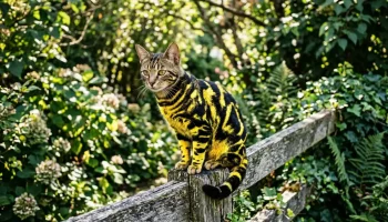 Egy sárga-fekete kígyómintás macska ül egy kerítésen, ami a Serpens catus álhírt illusztrálja.