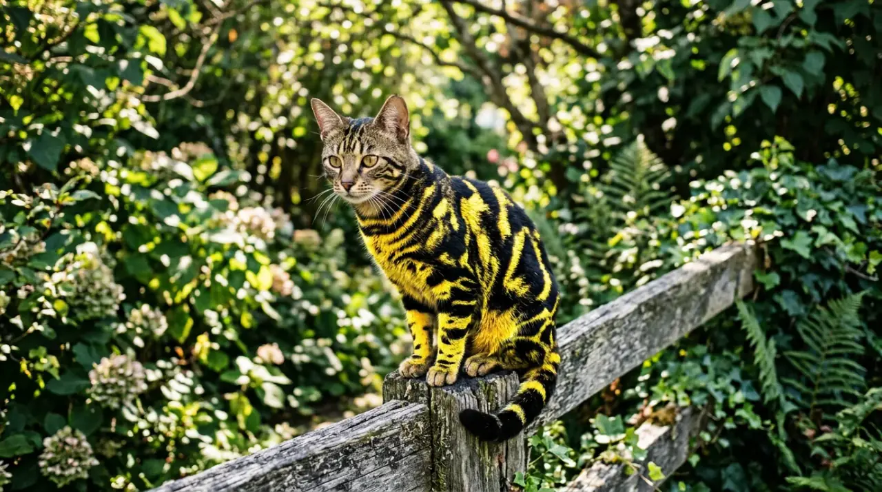 Egy sárga-fekete kígyómintás macska ül egy kerítésen, ami a Serpens catus álhírt illusztrálja.