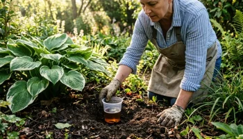 Kertész sörcsapdát helyez a földbe a csigák elleni védekezéshez egy hoszta ágyás mellett.
