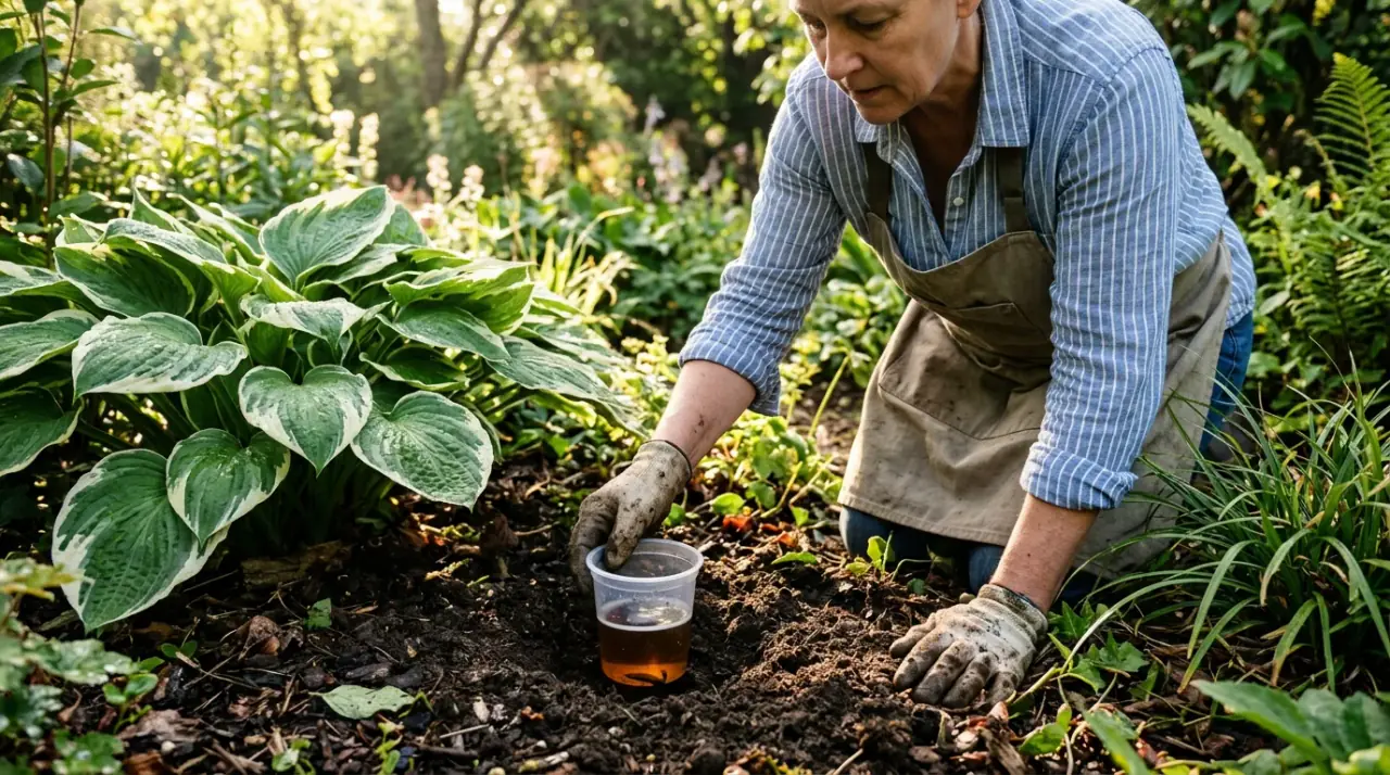 Kertész sörcsapdát helyez a földbe a csigák elleni védekezéshez egy hoszta ágyás mellett.