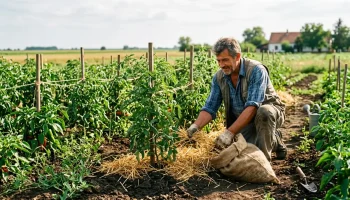 Magyar kertész szalmával mulcsozza a paradicsomágyást az Alföldön a júniusi hőség előtt.