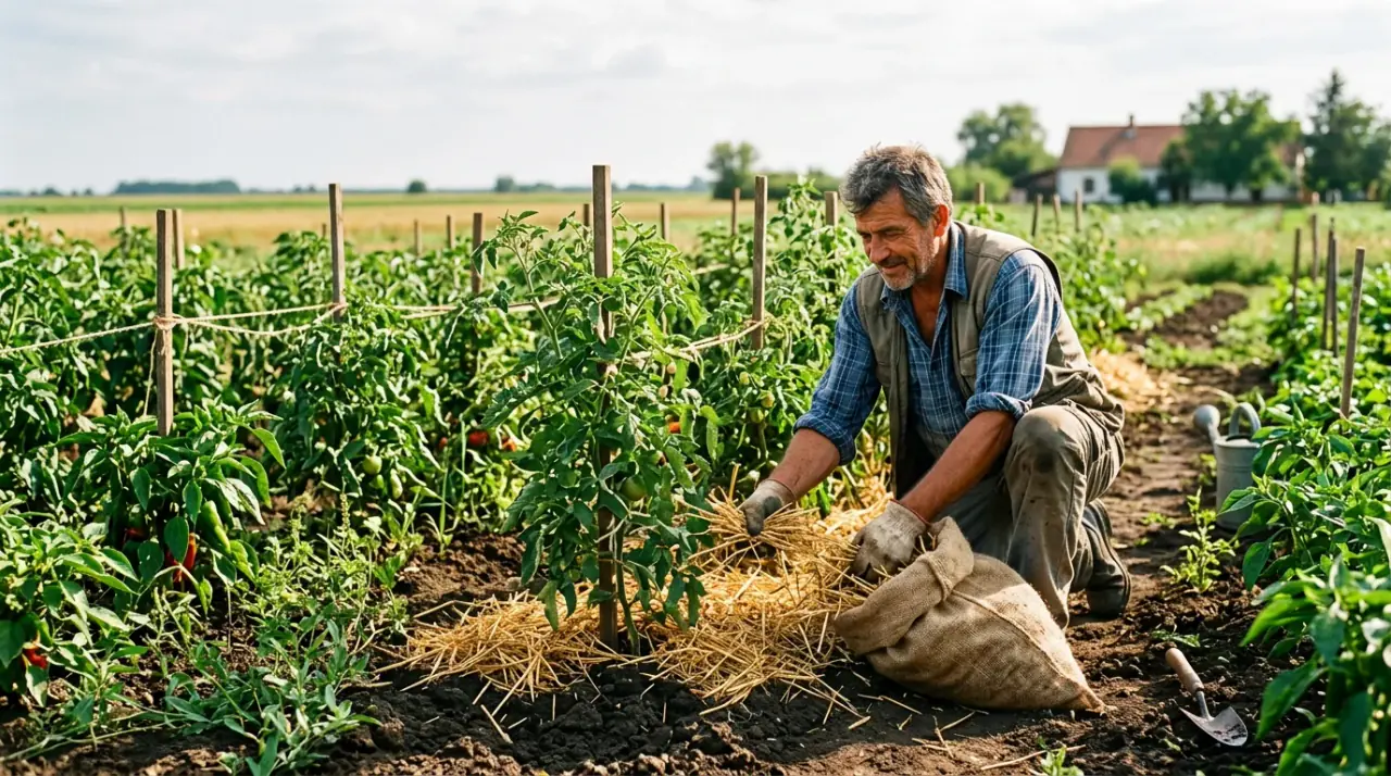 Magyar kertész szalmával mulcsozza a paradicsomágyást az Alföldön a júniusi hőség előtt.