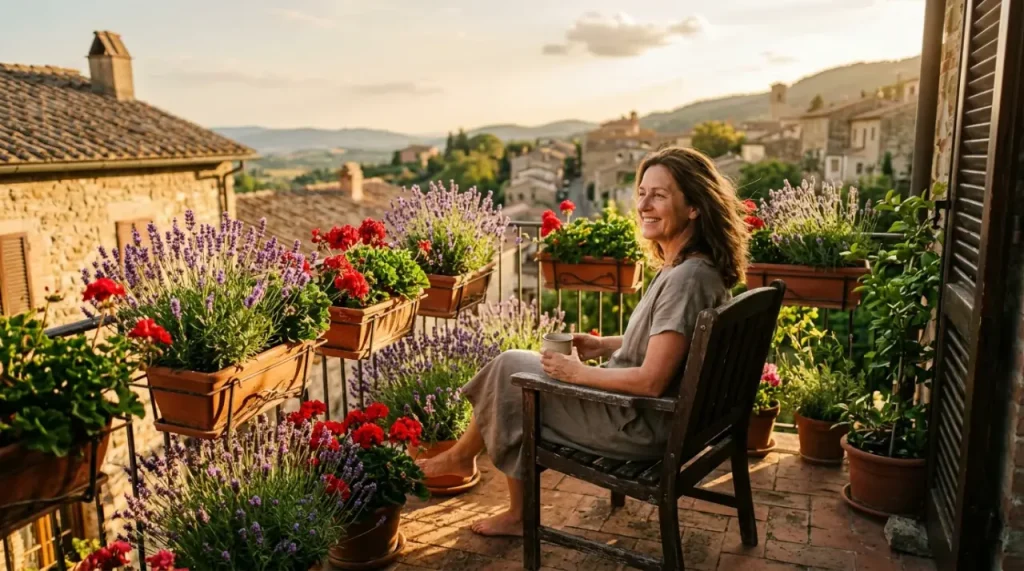 Színes levendula és muskátli cserépben egy napsütötte teraszon a nyári hőségben.