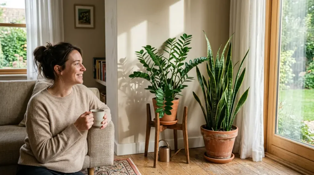 Anyósnyelv és legénypálma egy modern világos nappaliban, stílusos kaspókban.