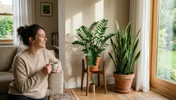 Anyósnyelv és legénypálma egy modern világos nappaliban, stílusos kaspókban.