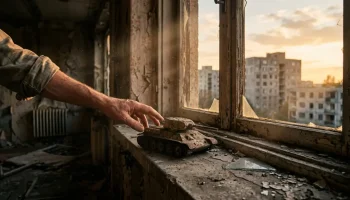 Elhagyatott szovjet laktanya belső tere Szentkirályszabadján, rozsdás játékkal és omladozó panelházakkal a háttérben.
