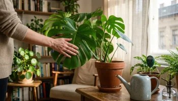 Egy személy keze megérint egy egészséges Monstera levelet egy világos szobában, növényápolási eszközökkel a háttérben.