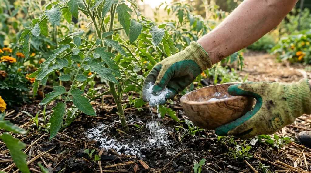Szódabikarbóna kiszórása paradicsompalánta köré kártevők elleni védekezésként.