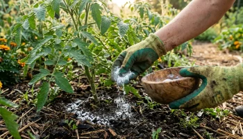 Szódabikarbóna kiszórása paradicsompalánta köré kártevők elleni védekezésként.