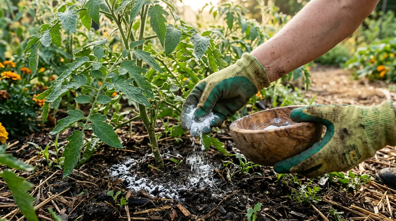 Szódabikarbóna kiszórása paradicsompalánta köré kártevők elleni védekezésként.