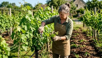 Kertész végzi a szőlőhajtások metszését és kötözését a májusi kertben