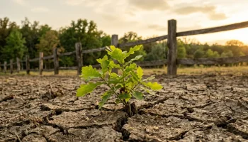 Egy fiatal tölgyfa hajtás emelkedik ki a száraz, repedezett talajból a természetes regeneráció szimbólumaként.