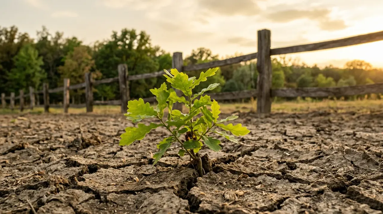 Egy fiatal tölgyfa hajtás emelkedik ki a száraz, repedezett talajból a természetes regeneráció szimbólumaként.
