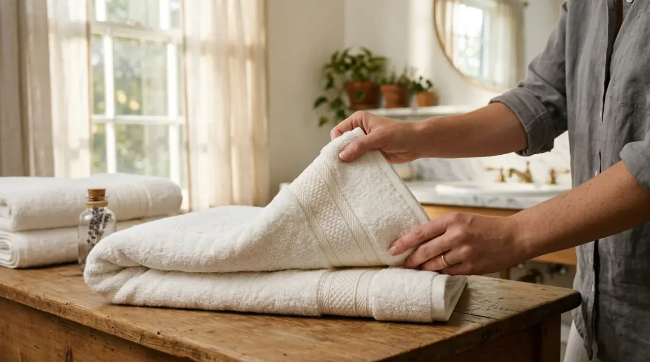 Kéz, ahogy egy minőségi pamut törölközőt hajtogat, fókuszban a dobby bordura mintázattal