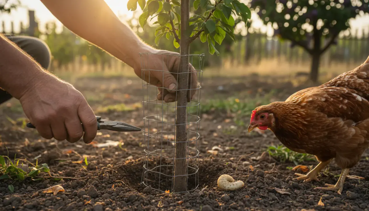 Kertész hálót helyez egy fa köré, miközben egy tyúk a talajban lévő pajort figyeli a napsütötte gyümölcsösben.