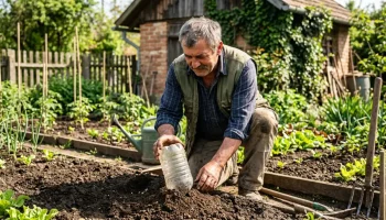 Egy kertész gondosan helyez el egy védő harangot az áprilisban elvetett uborkamagok fölé a trágyával fűtött ágyásban.